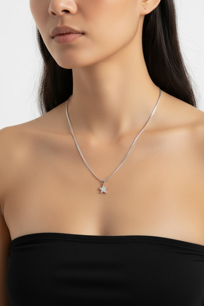 derokas Zircon Stone Silver Color Star Necklace Steel Italian Chain Women Design