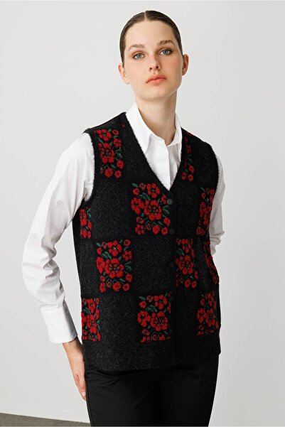 Desen Triko Women's Patchwork Floral Felt Wool Vest Black_Red