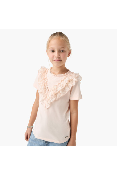 Lee Cooper Lace Detail Crew Neck T-shirt with Short Sleeves