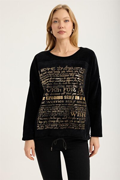 HomeStore Kadife Yaldız Yazılı Bluz