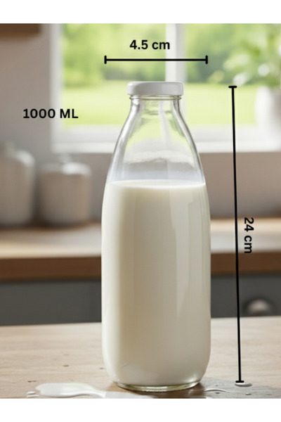 Milea 4 ADET Sürahi Süt, Ayran,Limonata, Meşrubat Şişesi Beyaz Plastik Kapaklı 1000 ml Şeffaf Cam Şişe