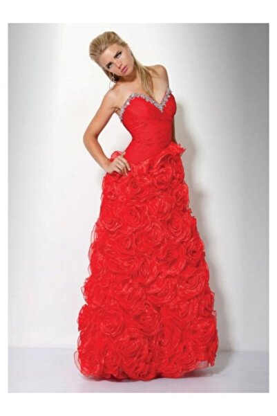 Jovani New York Rochie de seara rosie lunga A-line din organza cu trandafiras...