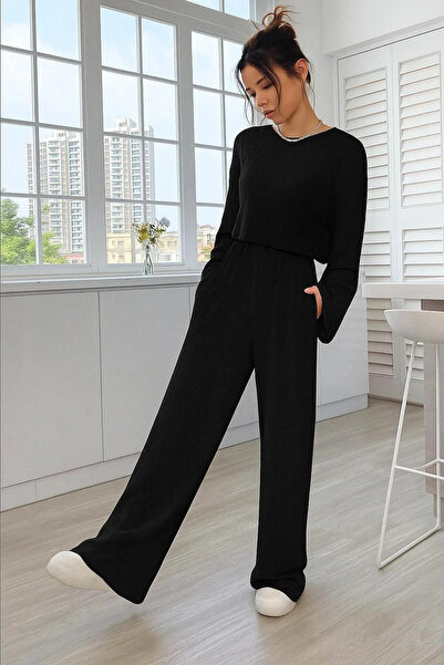 bemmoda Set de pantaloni casual pentru femei croială supradimensionat Crop Swea tricou și pantaloni cu buzunare