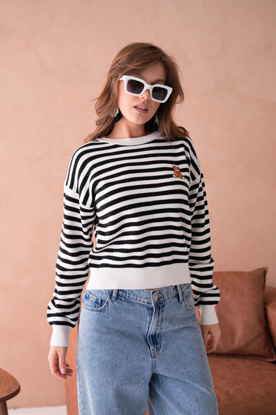 Park Karon Women's Crew Neck Embroidery Detail Oversized Striped Knitwear Sweater