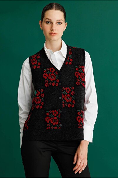Desen Triko Women's Patchwork Floral Felt Wool Vest Black_Red