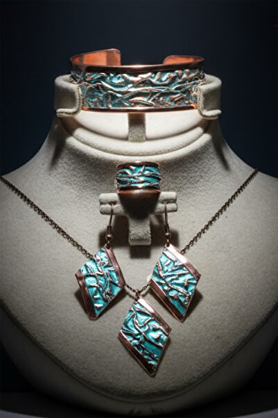 OSMANLI GÜMÜŞ Women's Copper Set - Turquoise Ocean Whisper Thick Model Copper Women's Necklace Bracelet Ring Earring Set