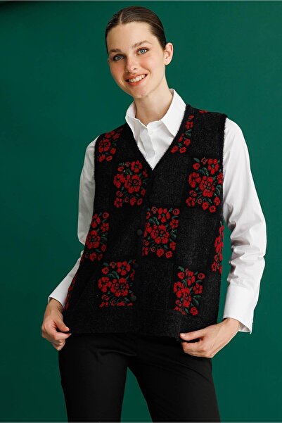 Desen Triko Women's Patchwork Floral Felt Wool Vest Black_Red
