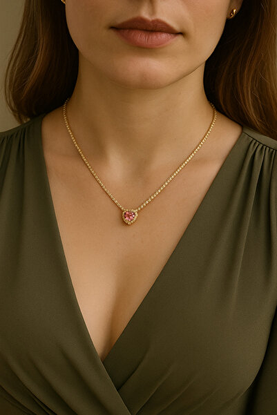 Mivra Pembe Kalpli Zirkon Taşlı Çelik Kolye