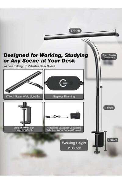 X SPRING LED Desk Lamp for Office Home, Eye-Caring Desk Light Clamp for Reading, Study, Workbench (Black)
