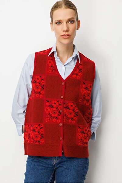 Desen Triko Women's Patchwork Floral Felt Wool Vest Dark Red_Coral