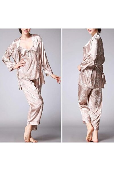 Margoun 3-Piece Women's Satin Pajama Set with Dragon Print (Cami, Robe, Pants) TZ013