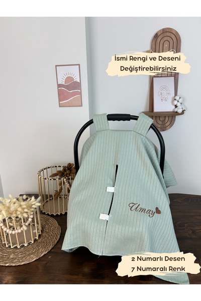 KARSU TASARIM İsimli Puset Örtüsü Nakış İşlemeli %100 Pamuk Örgü Pike Kumaş (Mint Yeşili)