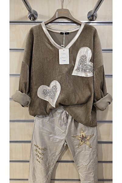 Park Moda Velvet Blouse Shiny Heart Pattern