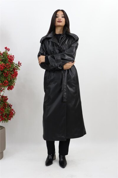 Puane Suni Deri Uzun Trenç - Siyah