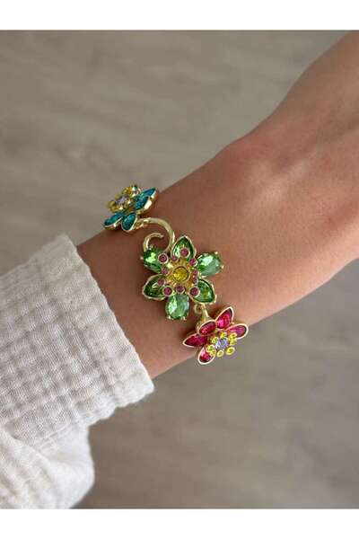 İREM YILDIZ Renkli Zirkon Taş Çiçek Model Gold bileklik