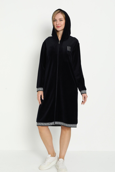İntensive Black Hooded Stone Detailed Zippered Pocket Cotton Velvet Dress