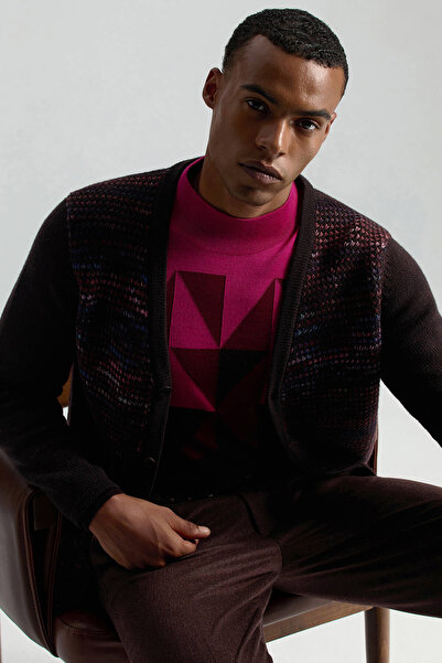 Hemington Merino Yün Etnik Desen Düğmeli Koyu Kahverengi Hırka