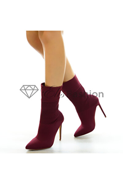 Elis Fashion Botine de dama grena din material elastic cu toc stiletto de 11 cm #5287