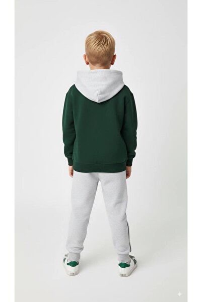 Canlook Embroidery Detailed Oversized Kangaroo Pockets Hooded Fleece-Lined Children's Set