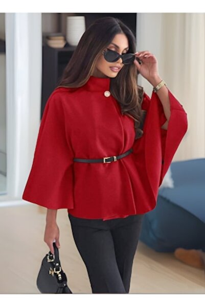 OEM - Red cape-style elegant cardigan with belt – S-M-L