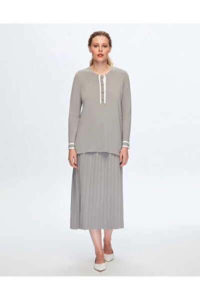 MISS DALIDA T24K-2011 Düz Renk Plise Etek 1220-LIGHT GREY