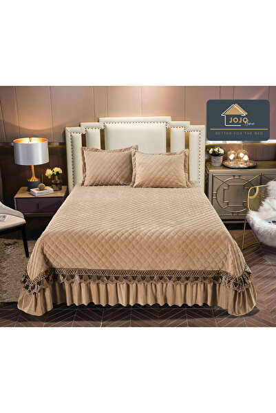 JOJO HOME Velvet bedspread with ruffles + 2 pillowcases, 220x240cm, Beige