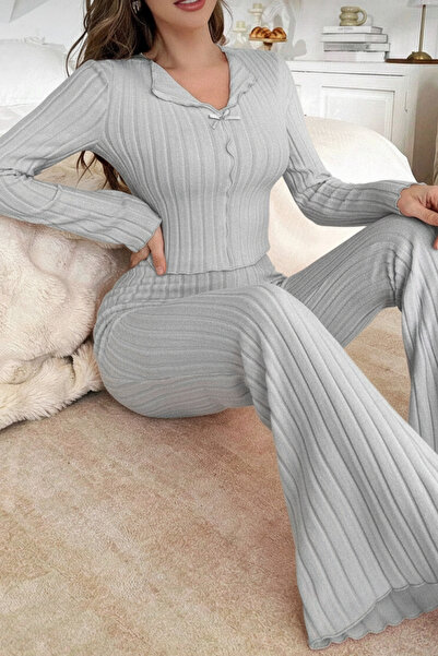 ELİTOL Gray Soft Cotton Bow Detail Long Sleeve Women's Pajama Set