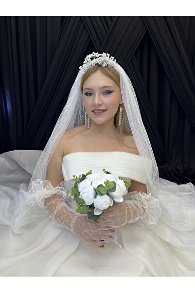 ecrin tuhafiye hobi Puantiyeli Gelin Duvağı & Eldiven Set, İncili Saç Aksesua...