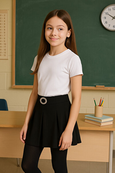 Atabay Kids ATABAY 183-10-25 Kız Çocuk Siyah Pileli Etek – Tokalı, Esnek Bel,...