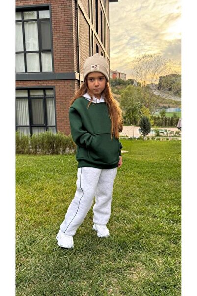 Canlook Embroidery Detailed Oversized Kangaroo Pockets Hooded Fleece-Lined Children's Set