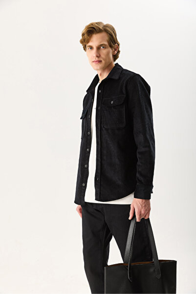 VENA Men's Regular Fit Velvet Outer Shirt 100% Cotton - Black