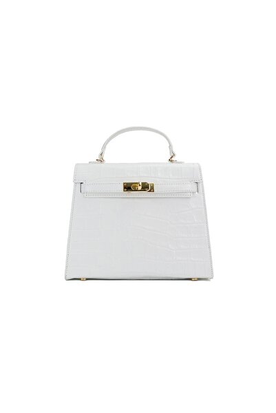 Posete Fagaras Thea Croco Mini Leather Purse - White, 1 Compartment, 1 Pocket, Adjustable Strap 121 cm