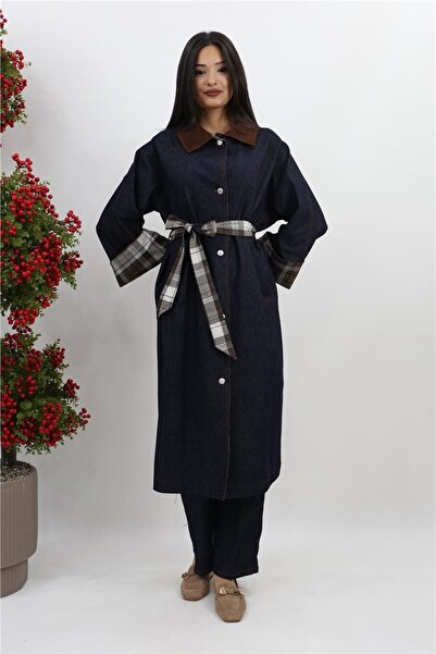 Puane Ekose Detaylı Denim Trençkot - Lacivert