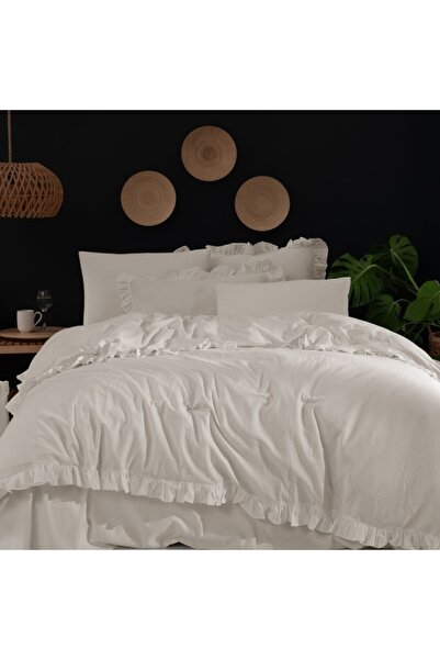 Bahar Tekstil Double bed ruffled bedding, 100% prewashed ranforce cotton, Milagros Dove Ecru