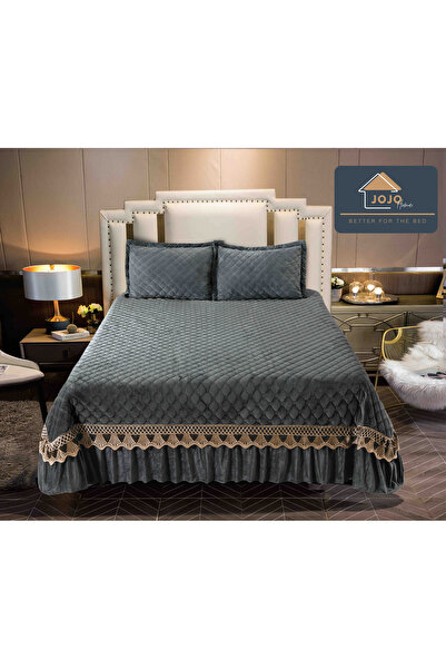 JOJO HOME Velvet bedspread with ruffles + 2 pillowcases, 220x240cm, Dark Grey