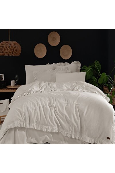 Bahar Tekstil Double bed ruffled bedding, 100% prewashed ranforce cotton, Milagros Dove Ecru