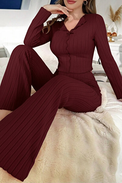 ELİTOL Bordo Yumuşak Pamuklu Fiyonk Detaylı Uzun Kollu Kadın Pijama Takımı