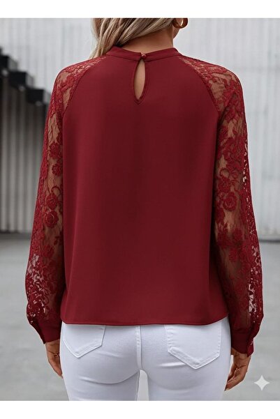 TBL DEKOR Women's long sleeve lace-trimmed sandy blouse with round neck