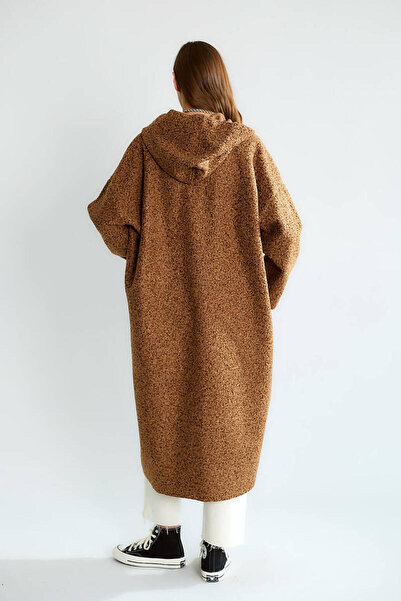 QİMYA BUTİK Robi̇n Women's K Hooded Bag Pocket Unlined Lightweight Boucle Cashmere O Oversized Long Coat