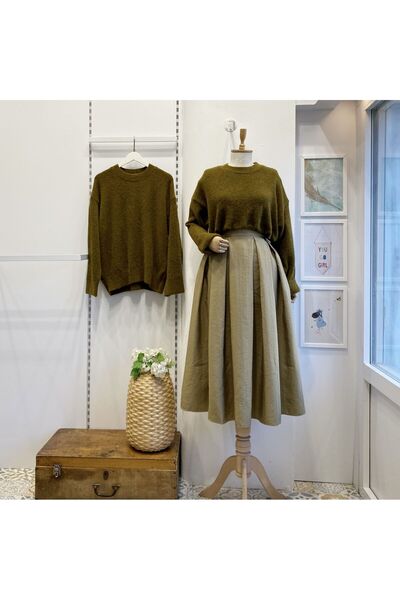 Faya Boutique Kalın Pileli Yeşil Paraşüt Kumaş Etek