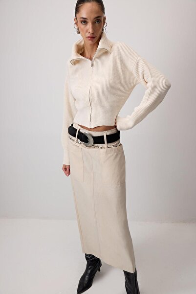 Touche Fermuarlı Genış Yaka Trıko Hırka - Krem