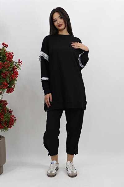Puane Kolları Fırfır Detaylı Tunik - Siyah