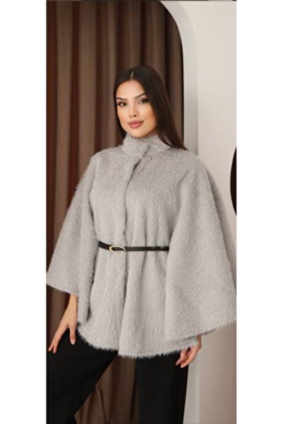 DESTİNA Women's Front Snap Closure Poncho Cardigan with Belt Detail