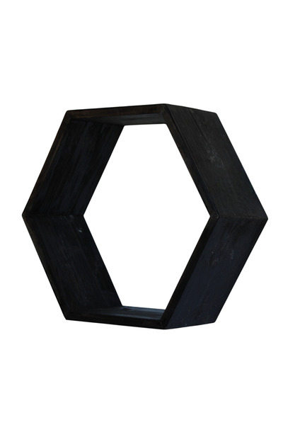 Decoratiuni Vintage Casa Retro Etajera hexagonala, lemn, neagra, stil vintage, pictata manual, 40 cm