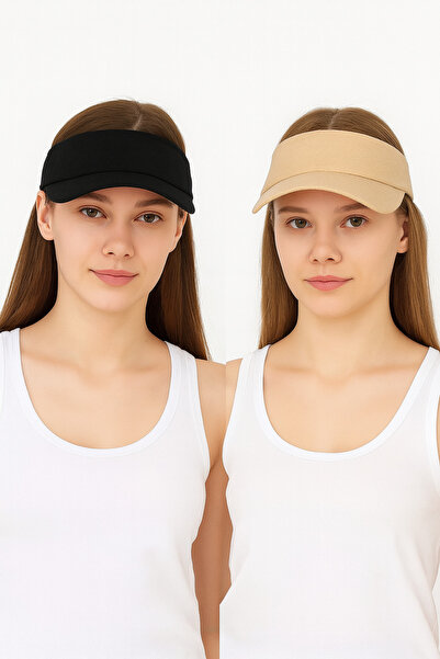 ZERAMİNE Women's Sports Visor Hat |   Sunshade Hat |   Summer Sports Hat Black & Beige 2 Pieces