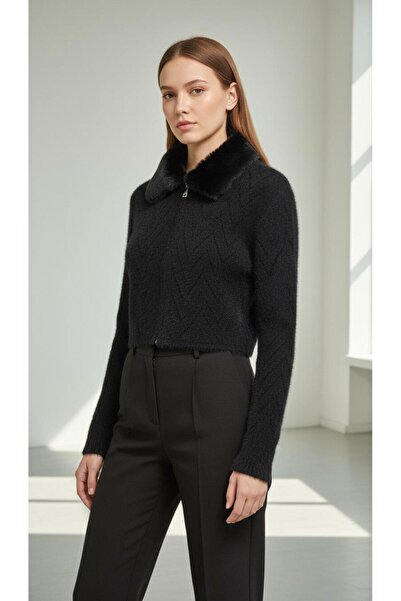 AYMİSS MODA YAKASI KÜRKLÜ,CROP,FERMUARLI HIRKA/CEKET