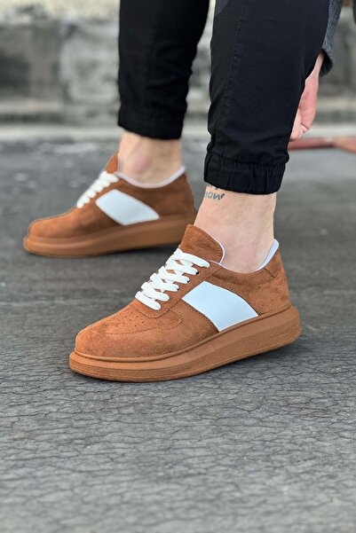 Zapatos حذاء رياضي رجالي من الجلد السويدي برباط للاستخدام اليومي - أسمر/أبيض