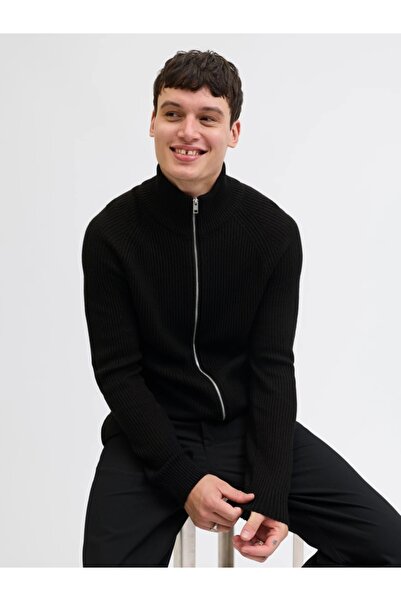 Jack & Jones Men's Cardigan with Zip and High Collar, Regular fit, Black