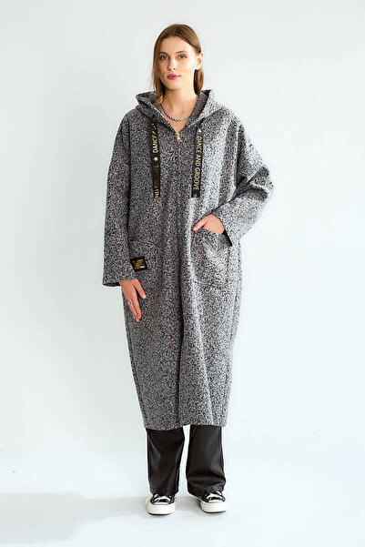 QİMYA BUTİK Robi̇n Women's K Hooded Bag Pocket Unlined Lightweight Boucle Cashmere O Oversized Long Coat