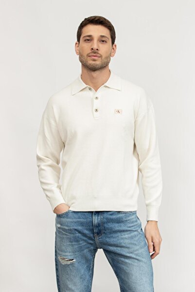 Calvin Klein Erkek Pamuklu Regular Fit Uzun Kollu Polo Yaka Beyaz Kazak J30J327095-YBI